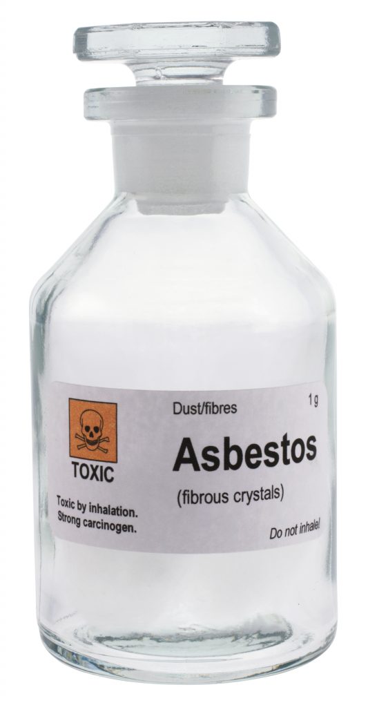 a bottle with warning sign saying asbestos